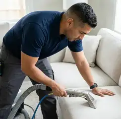 Professional upholstery cleaning technician using an extraction wand to deep-clean a fabric sofa, Reno, NV.